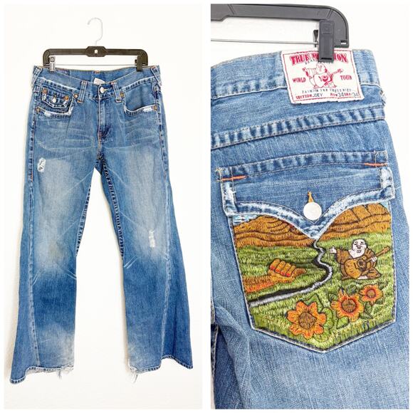True Religion Men’s Buddha Nature Embroidered Y2K Joey Flare Jeans Vintage - Picture 1 of 12